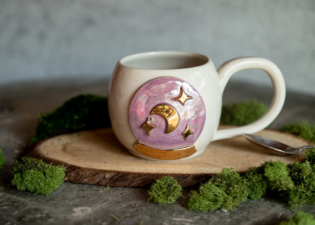 Crystal Ball of Moon and Stars Mug with mother of pearl and Gold